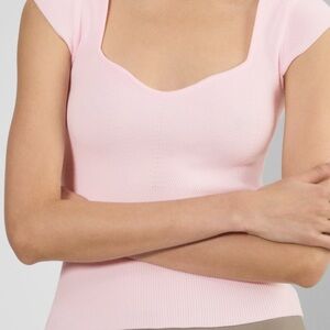 Aritzia Wilfred Tuscany Ribbed Short Sleeve Sweetheart Sweater Top Villa Pink